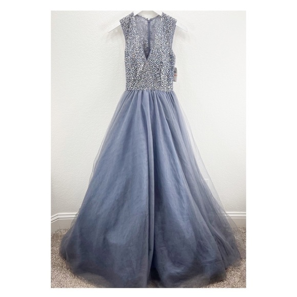 Terani Rhinestone Bodice Charcoal Gray Prom Dress Tulle Gown Formal Size 2 NWT - Picture 2 of 14